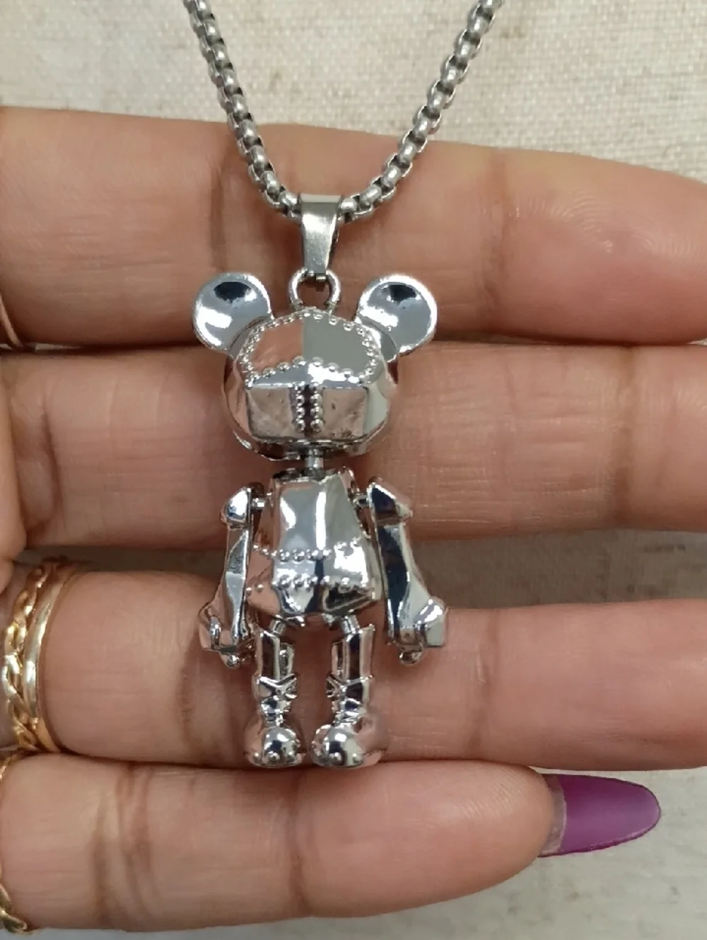 Silver Teddy Bear Pendant Necklace Cute Y2K Charm Chain Unisex